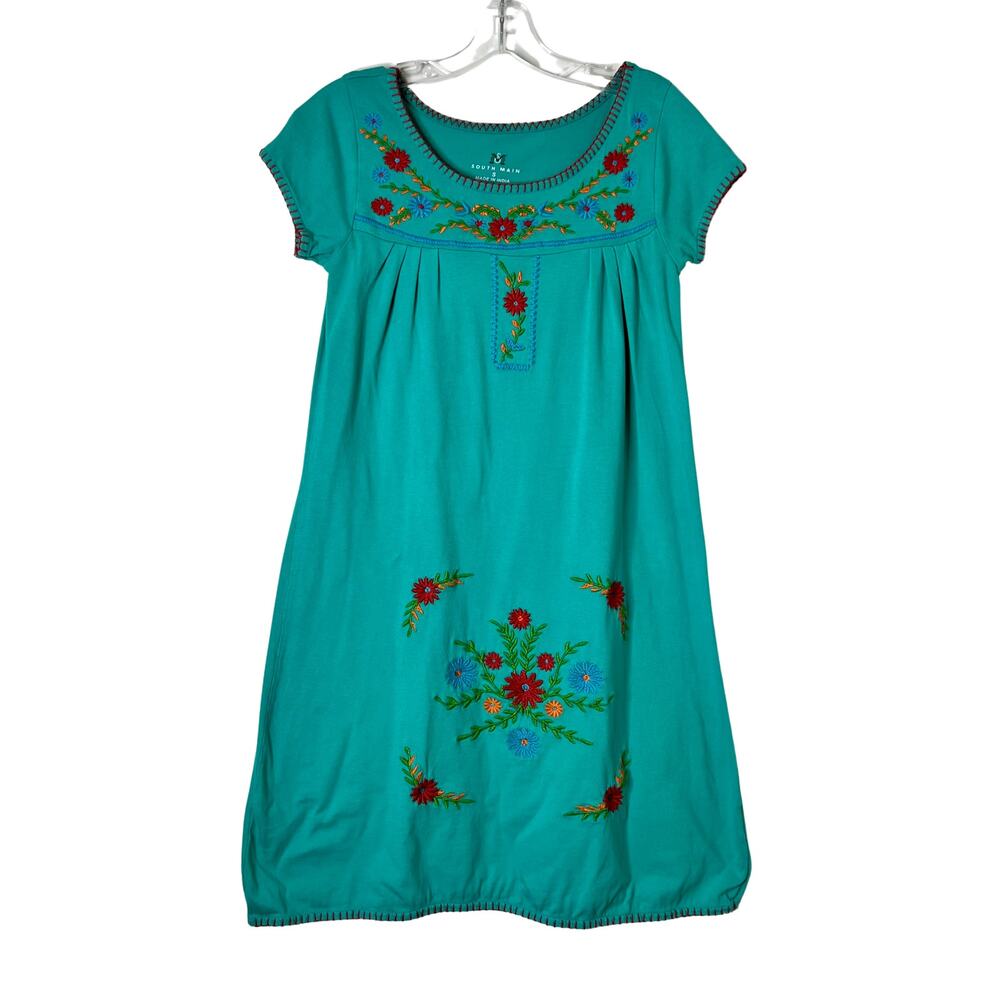 South Main Short Sleeve Embroidered Jersey Dress Green Womens Small